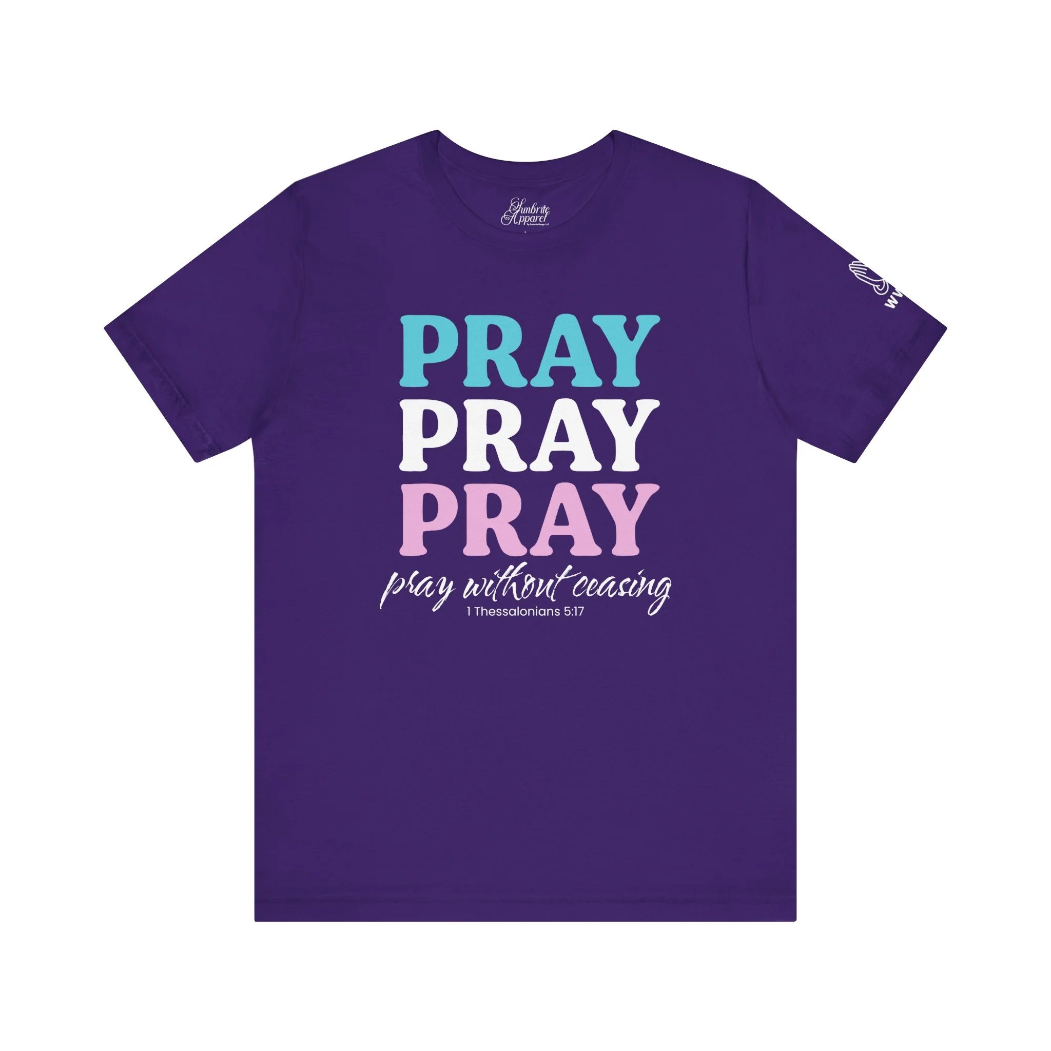 Purple t-shirt with 'PRAY PRAY PRAY' text in blue, white, and pink on a white background