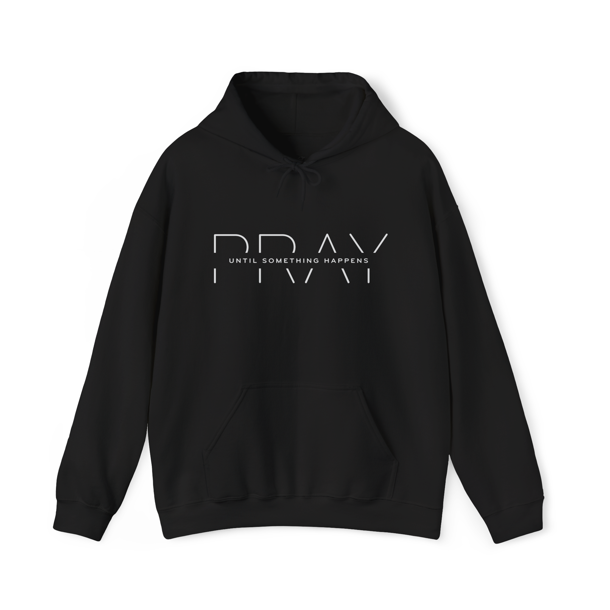 Pray Until Something Happens Black hoodie flat lay