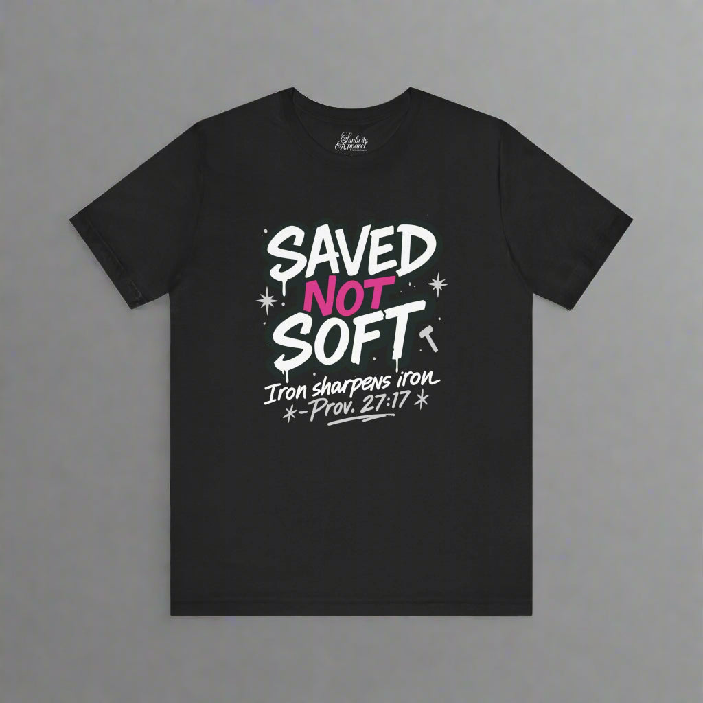 Black t-shirt with 'Saved Not Soft' text design on a white background