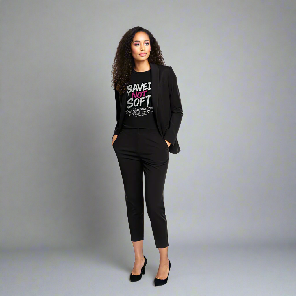 Woman wearing a black outfit with text on a white background