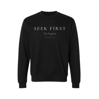 Black sweatshirt with 'Seek First The Kingdom' text on a white background