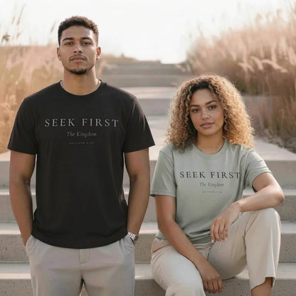 Two people wearing 'Seek First The Kingdom' t-shirts outdoors.