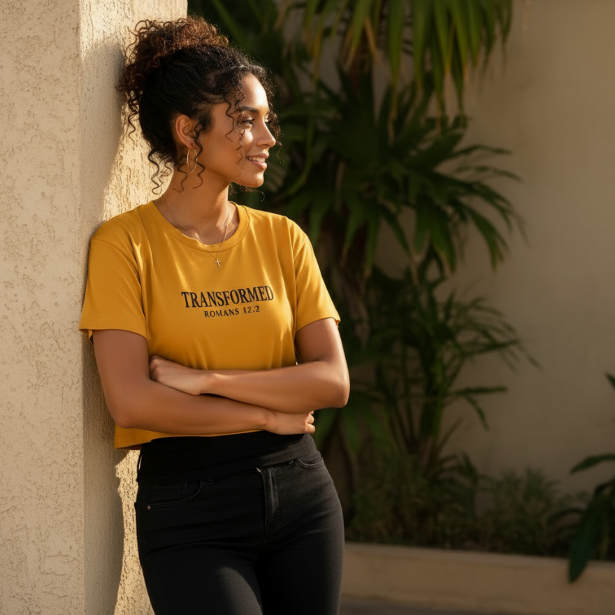 A woman with curly hair leans against a textured beige wall, wearing a mustard yellow graphic t-shirt with 'TRANSFORMED ROMANS 12:3' printed in black, paired with black pants. The background features warm-toned stucco walls and green plants.