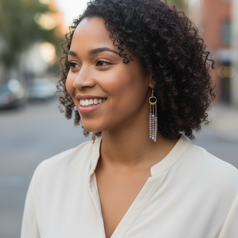 Woman with curly hair and earrings smiling outdoors